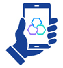 Ilustração de mão segurando celular em que aparece o símbolo do app Banrisul.
