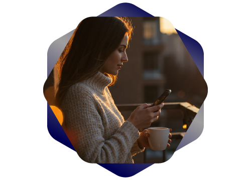 mulher tomando um caf� e olhando o celular na sacada de casa