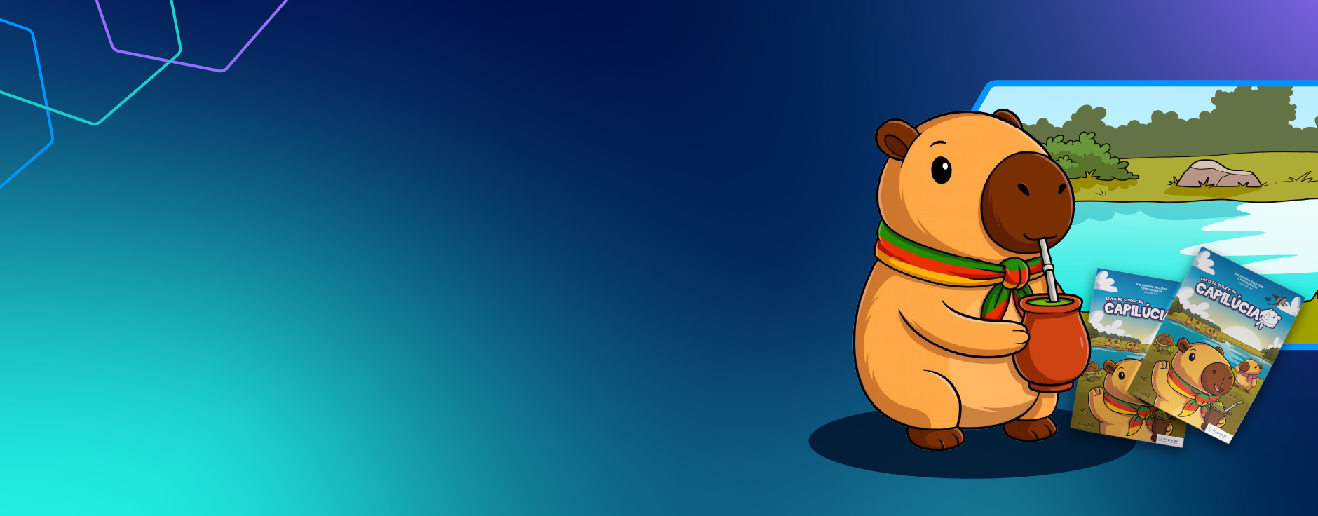Ilustração de uma capivara com lenço verde, vermelho e amarelo e de revistinhas de histórias.