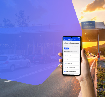 Foto de uma estação de pedágio e imagem da tela do app Banrisul onde solicita a Tag.