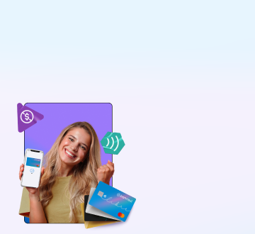 Imagem de mulher sorrindo com o celular mostrando um cartão de crédito. Ilustração dos cartões Banrisul Mastercard, de um símbolo de play com um cifrão e de um hexágono com ondas.