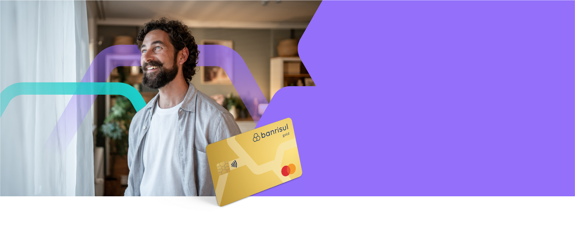 Foto de homem sorrindo e ilustra��o do cart�o Banrisul Mastercard Gold