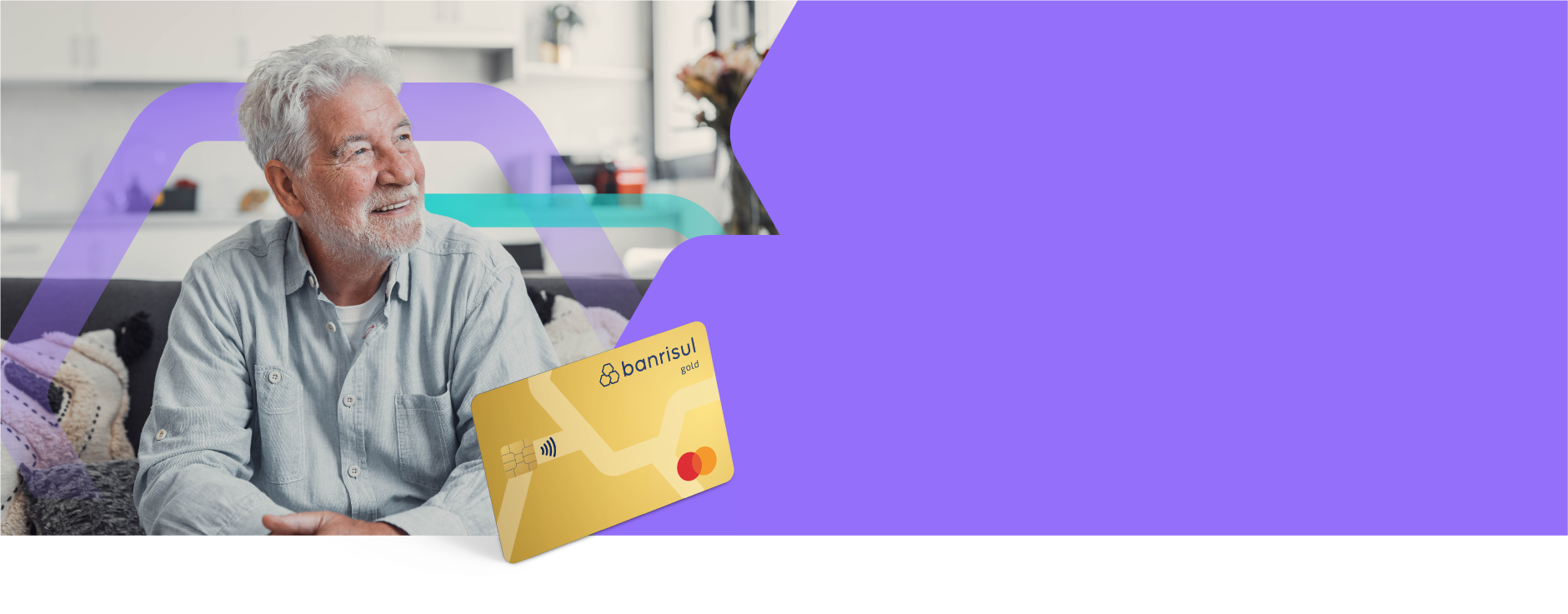 Foto de homem de cabelos brancos sorrindo e ilustra��o do cart�o Banrisul Mastercard Servidor P�blico Gold.