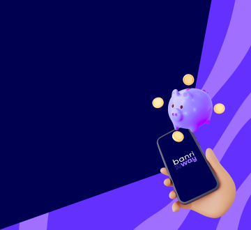 ilustra��o de m�o com celular e porquinho com moedas sobre a tela, fundo azul escuro